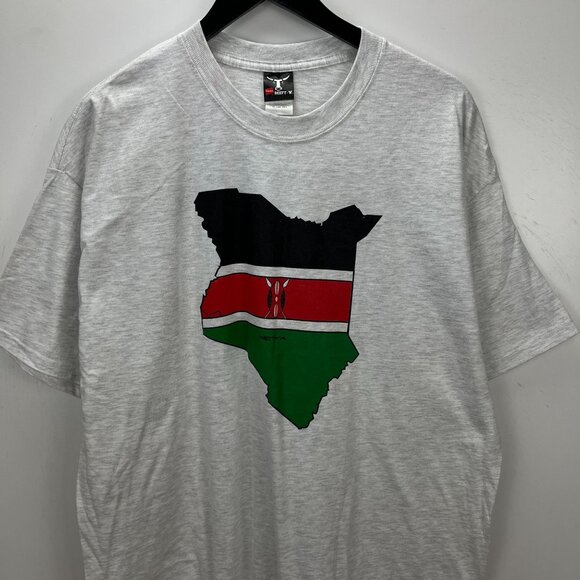 Vintage Y2K Kenya Flag T-Shirt Hanes Beefy XL Gray Map Graphic Usilete Compe - Picture 5 of 16